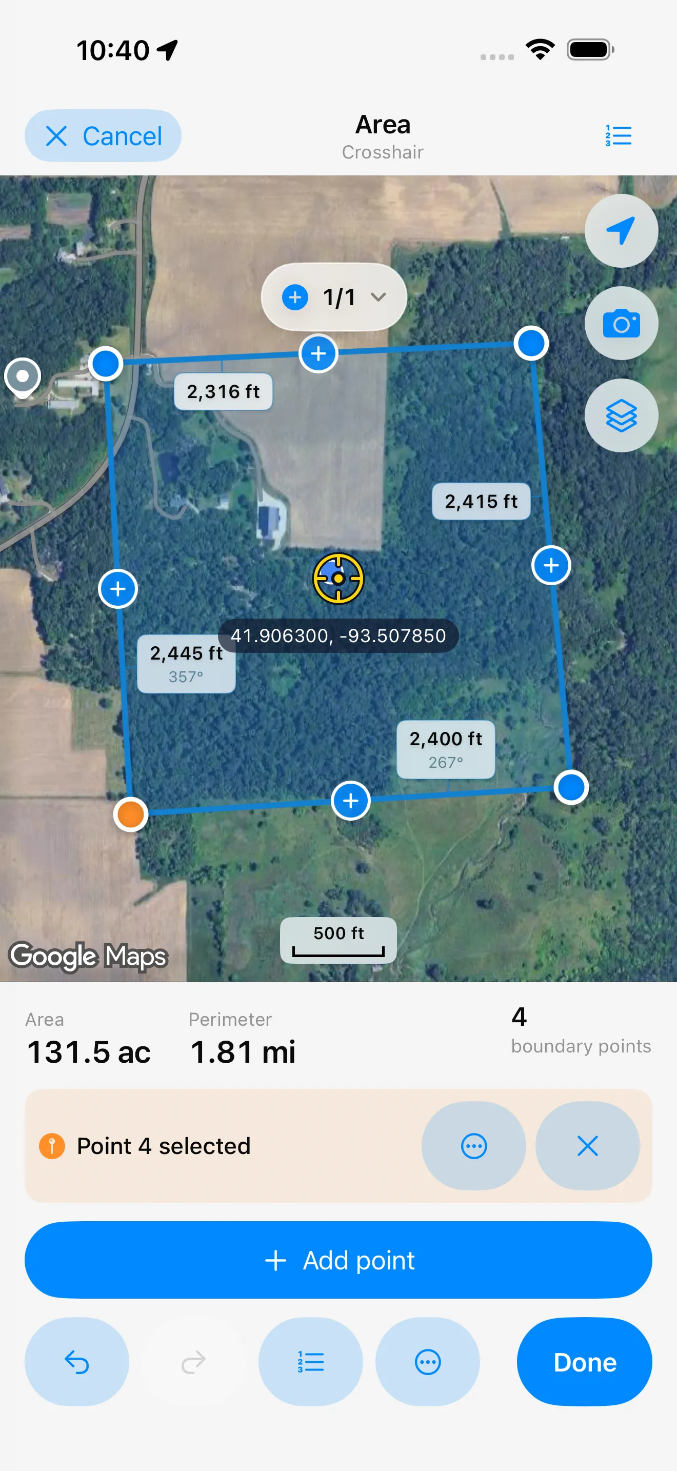 Area Measure in crosshair mode: four boundary points around a field, with side lengths, 131.5 acres, and a 1.81-mile perimeter