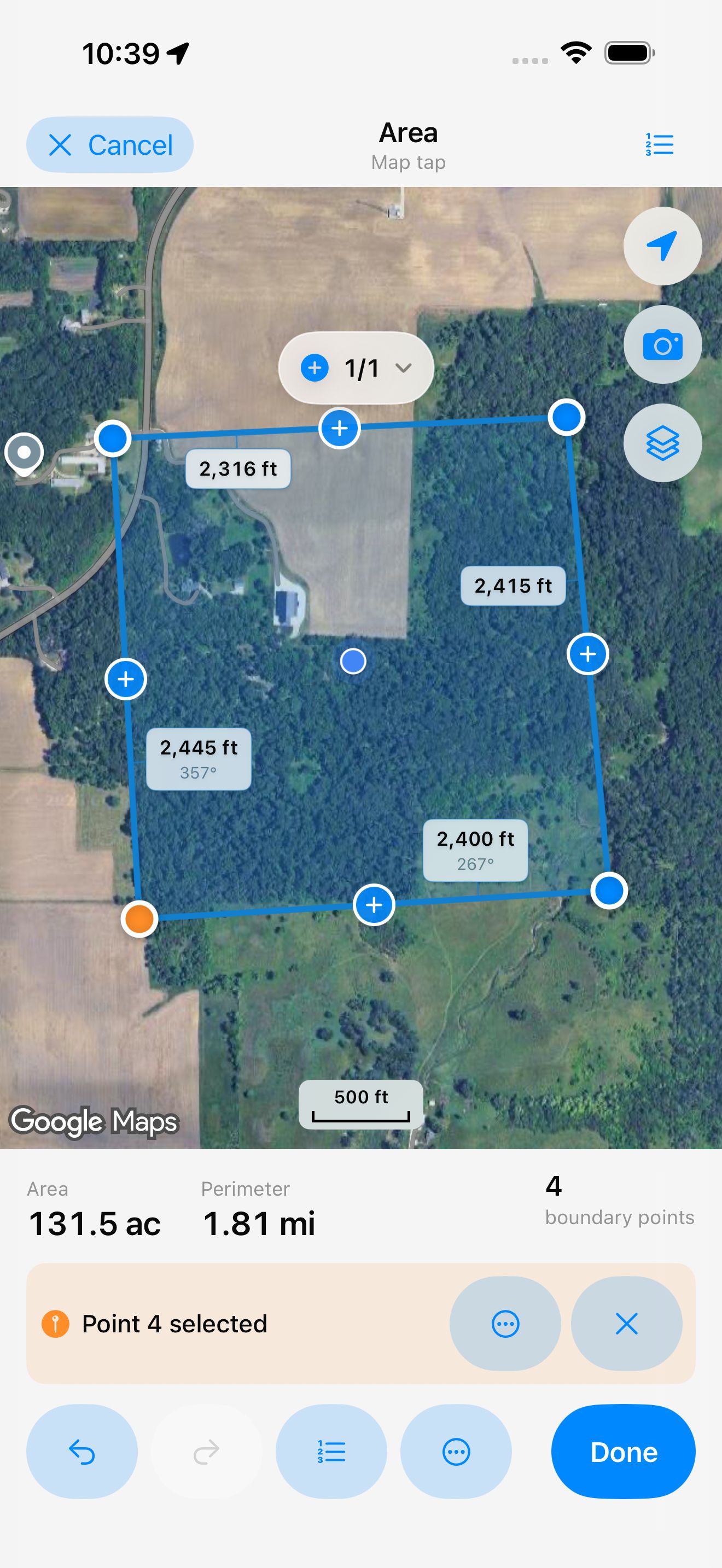 Dipper Area Measure editing a field boundary on satellite imagery