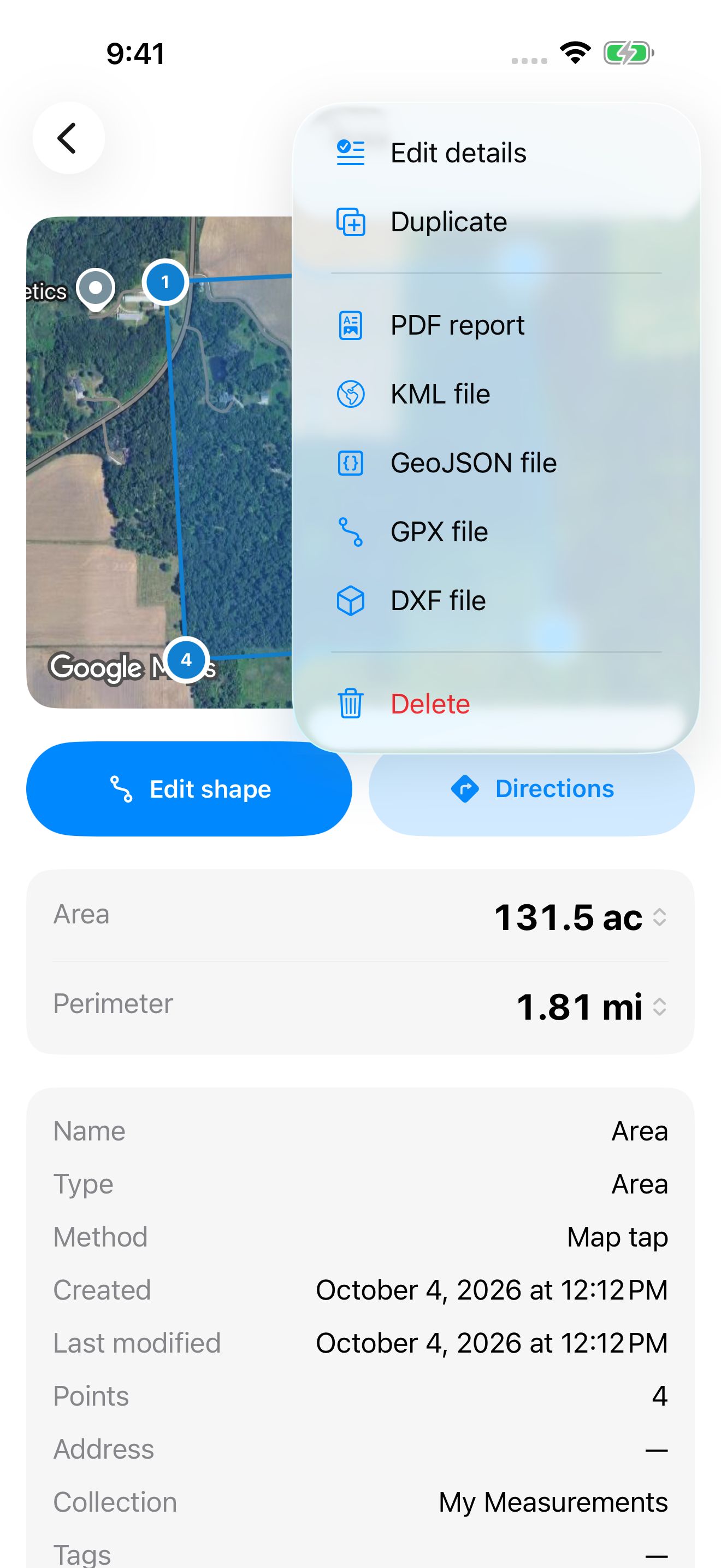 Export options for a measurement in Dipper Area Measure