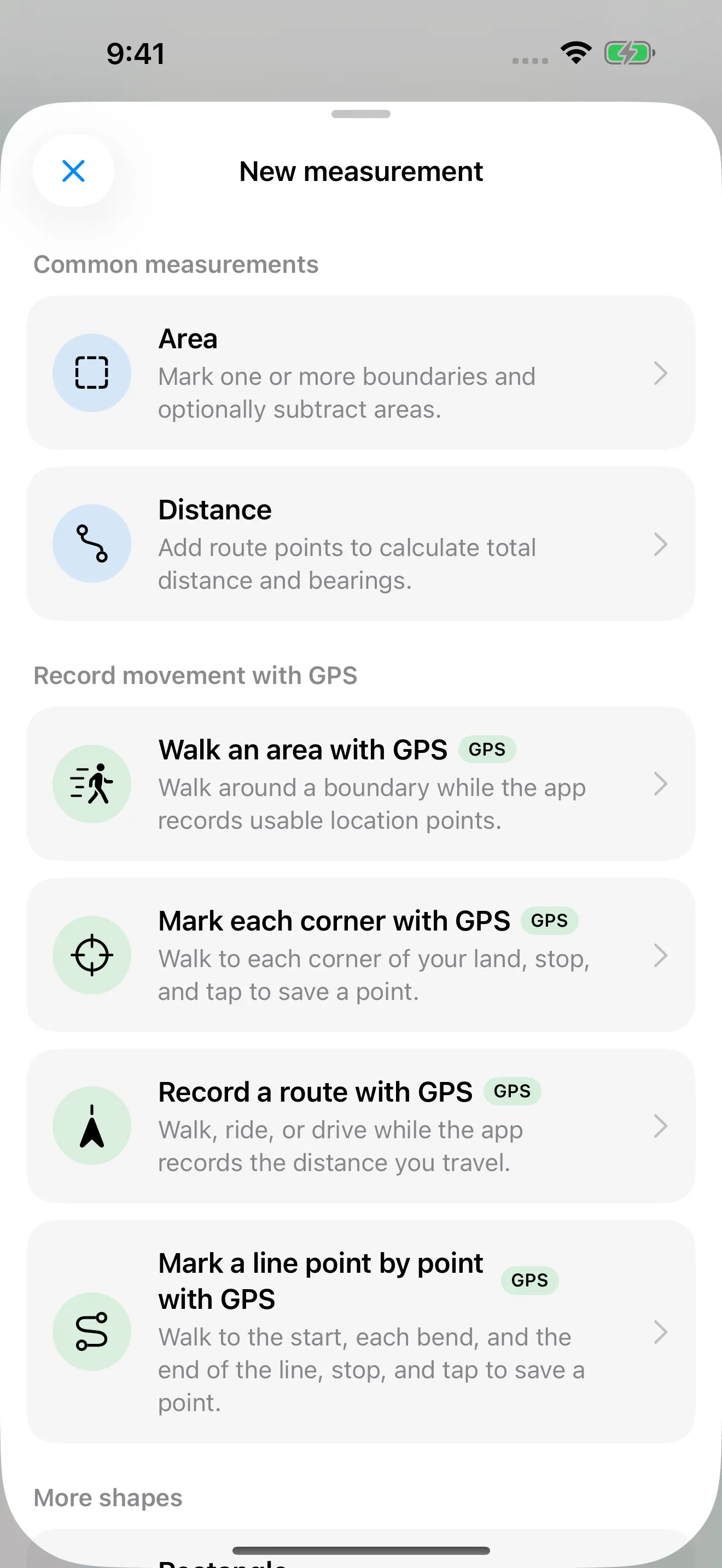 The New measurement screen in Area Measure, with two GPS options: Walk an area with GPS, and Mark each corner with GPS