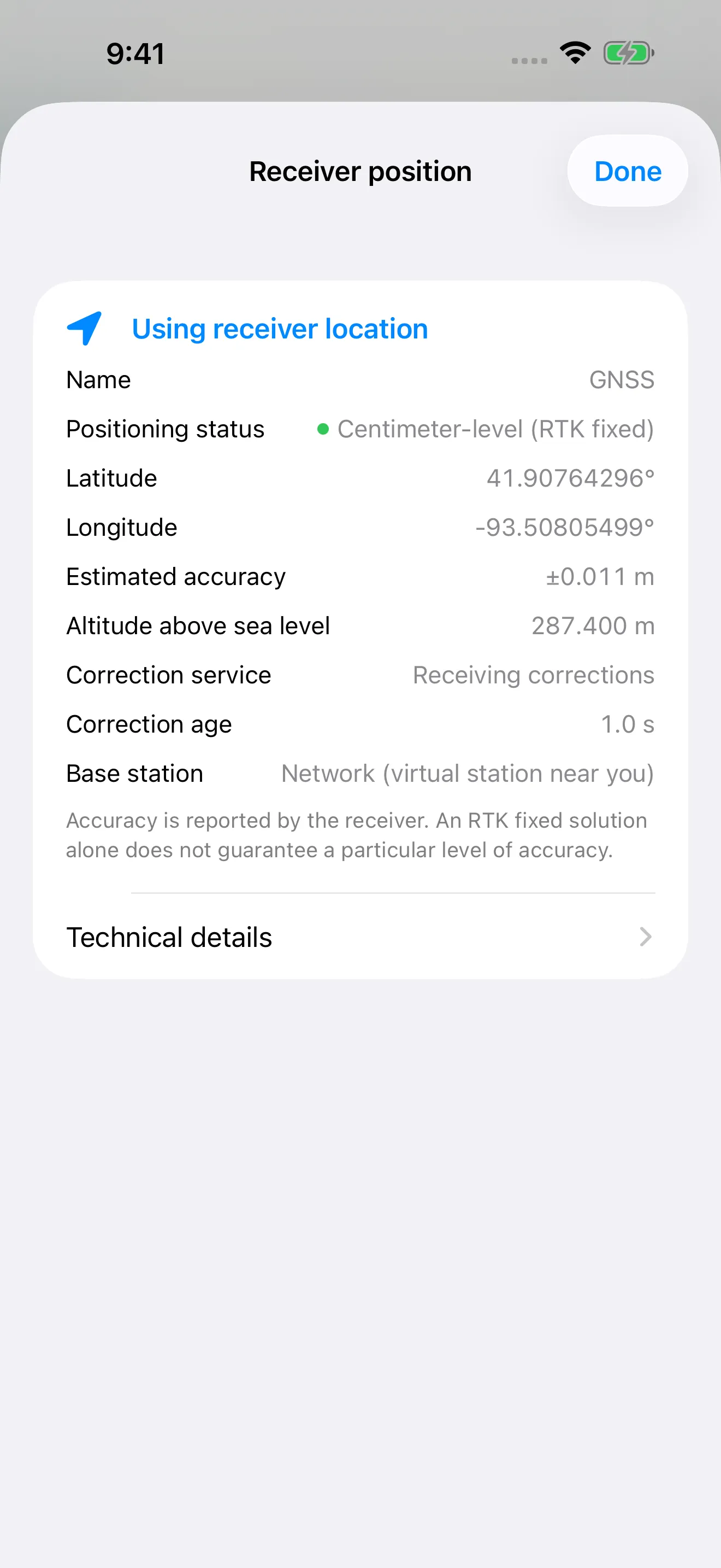 Receiver position in Area Measure: Centimeter-level (RTK fixed), estimated accuracy ±0.011 m, receiving corrections from a network virtual station, correction age 1.0 s