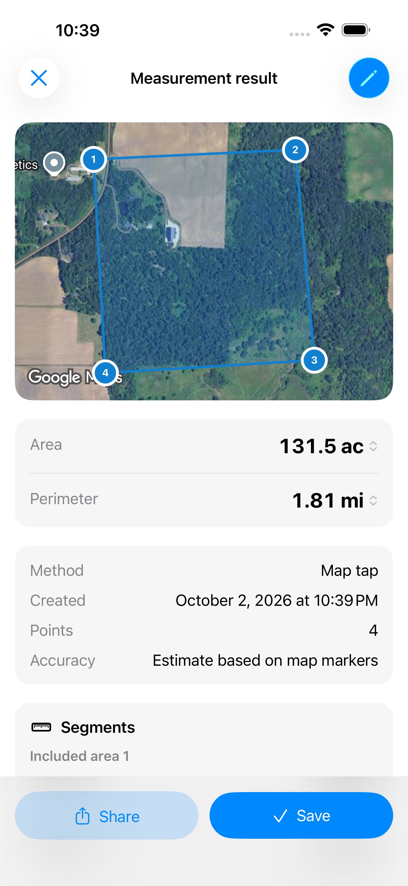 A measurement result showing area, perimeter, method, and accuracy