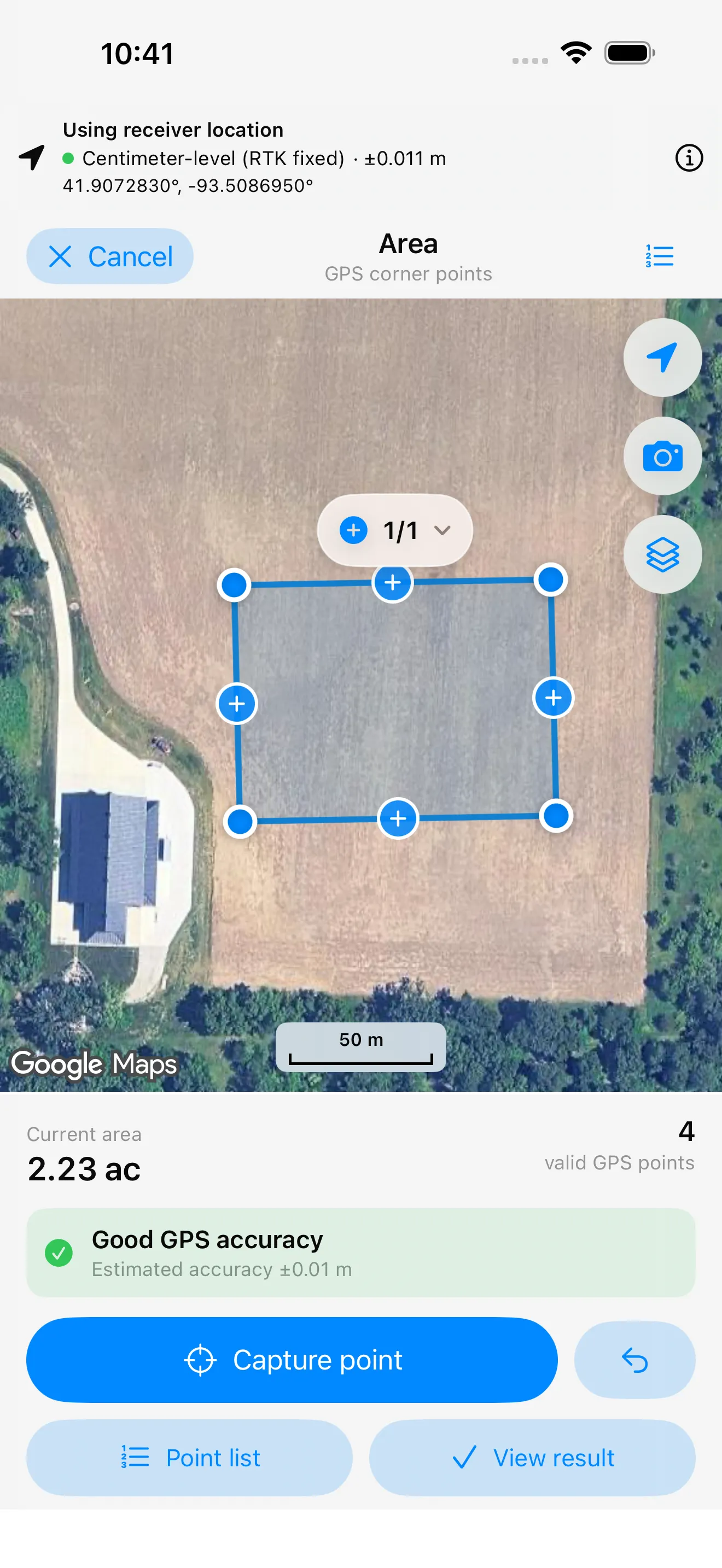 Area Measure capturing GPS corner points with an RTK receiver: “Centimeter-level (RTK fixed)”, estimated accuracy ±0.011 m