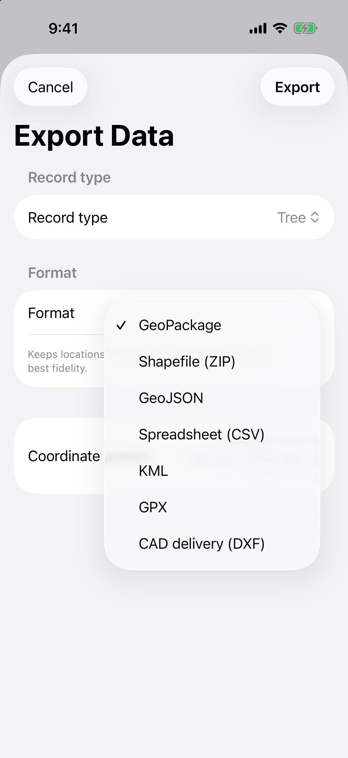 The Export Data screen in Dipper Field, listing GeoPackage, Shapefile, GeoJSON, CSV, KML, GPX, and DXF