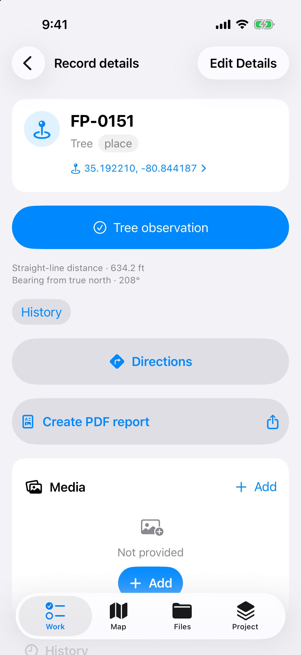 Record details for tree FP-0151 in Dipper Field, with coordinates, distance and bearing, and a PDF report button