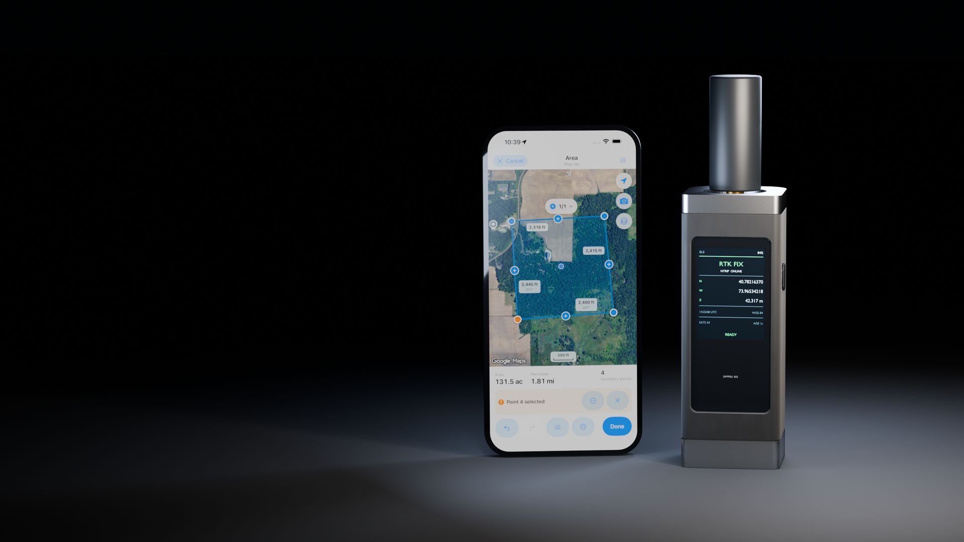 Dipper Go beside a phone running Dipper Area Measure, shown at true relative size (concept render)